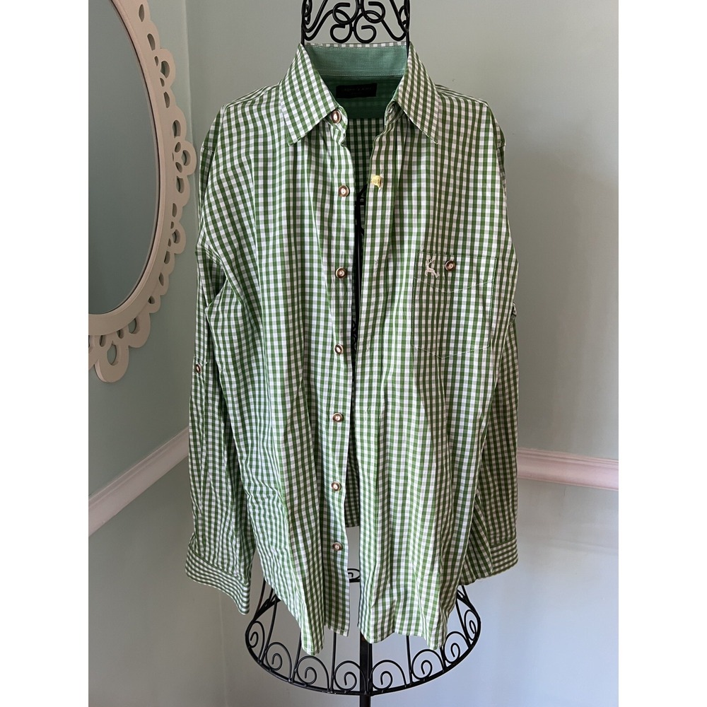 ALPEN KITZ L green white plaid dress‎ shirt Large Cotton